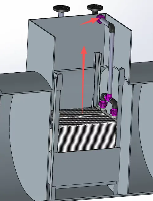 Zyramic Swing MF module lifting straight out of a septic tank on guide rails, filtrate line at top