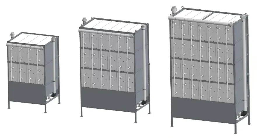 Three Swing MBR modules of increasing size, showing how decks and columns are added