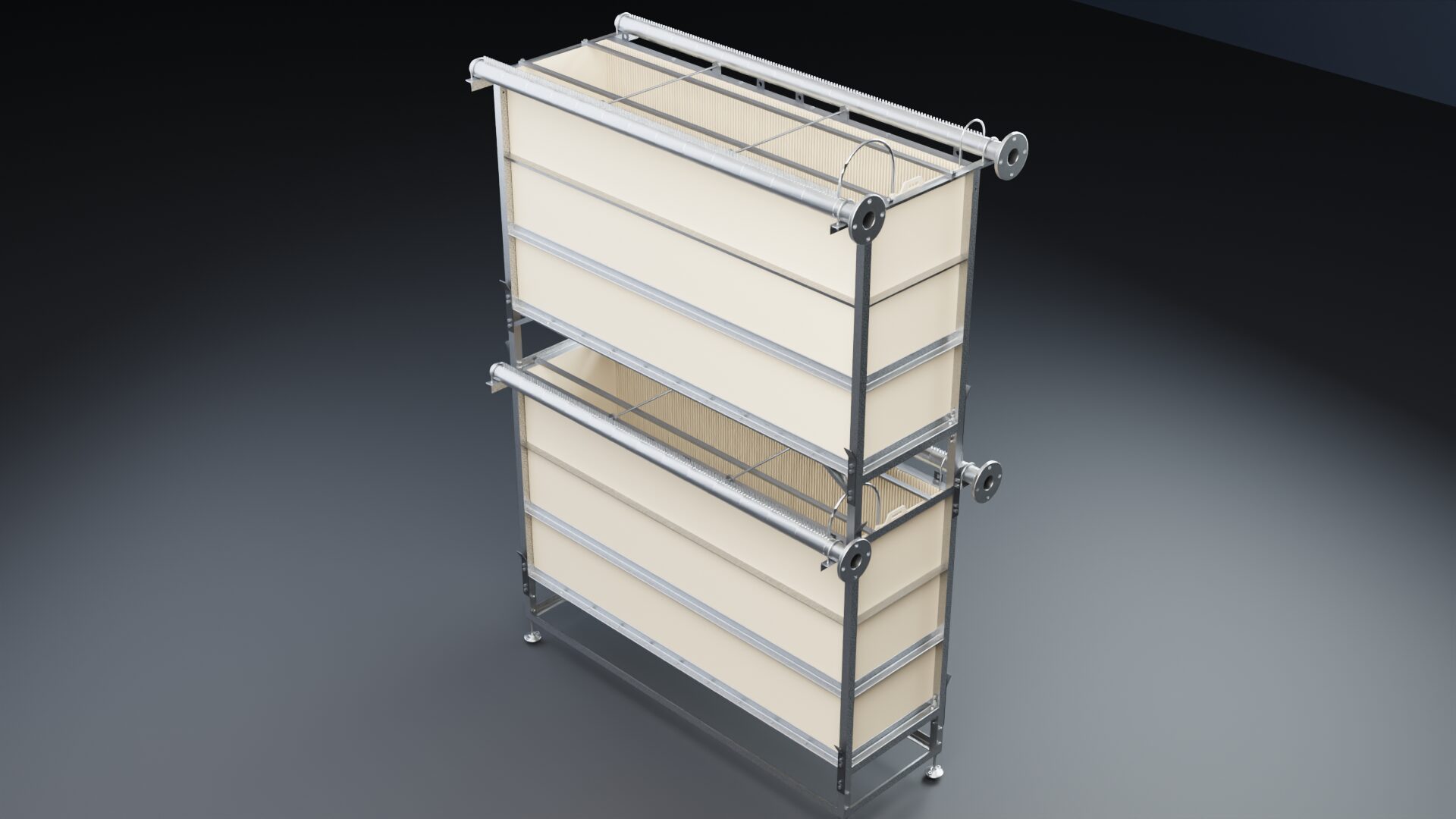Two-tier Zyramic Palisade cassette, isometric. 304 stainless frame, dual headers, targeted scouring manifold on each tier.