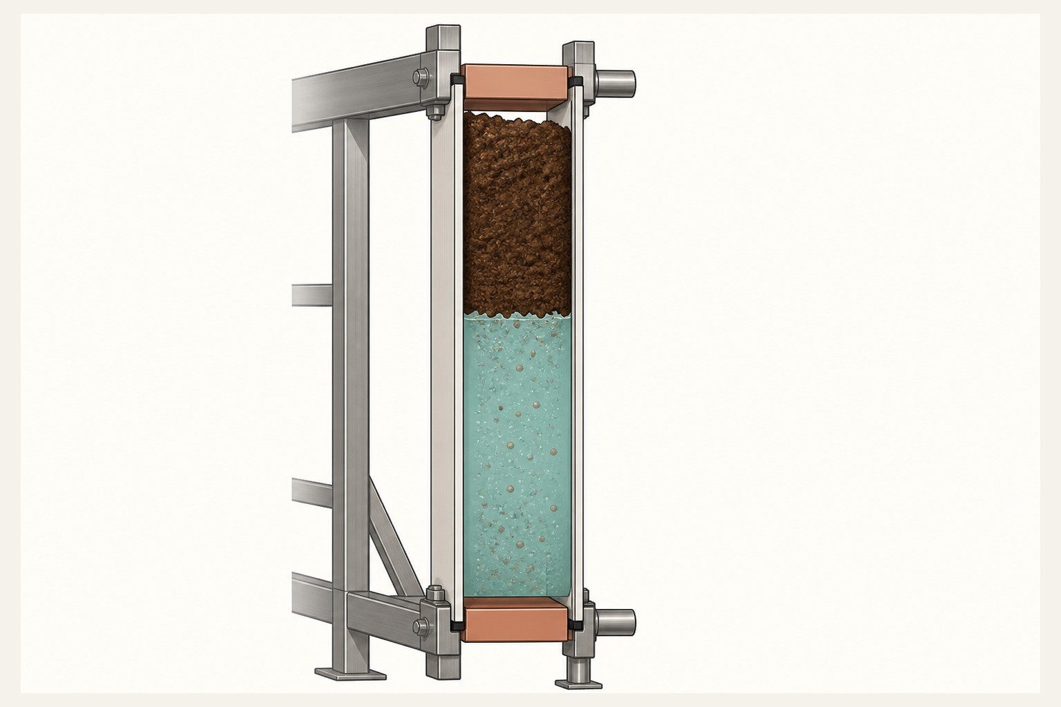 Rendering. Starved channel with sludge packed at the top. Neighbors still open. Generic geometry, not a brand.
